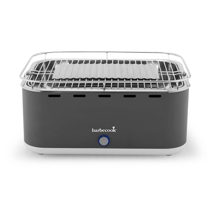 Füstmentes asztali faszenes grill Barbecook hordtáskával, erkélyre is alkalmas kültéri kemping grill beépített ventilátorral, mosogatógépben mosható, szürke