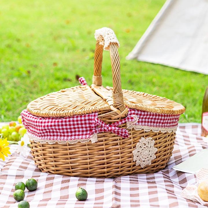 Mzsx Piknik Kosár Kültéri Használatra, Fonott Piknik Kosár Fedéllel és Fogantyúval, Dekoráció, Bélés, Kerti Betakarítás, Túrázáshoz, Esküvőkre, Kertbe, Otthoni Rendszerezéshez, Kempingezéshez