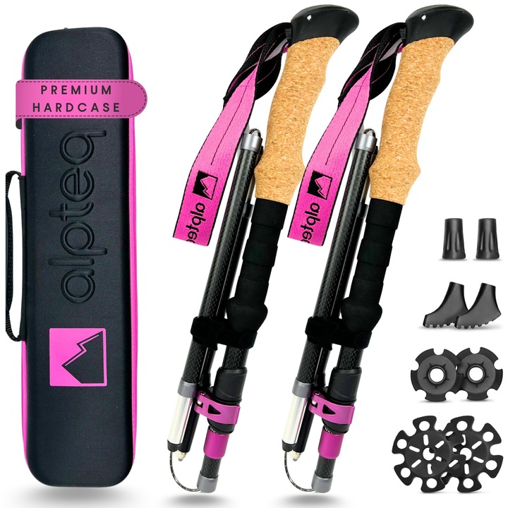 Alpteq® összecsukható karbon túrabotok parafa markolattal, trekking botok hegymászáshoz, nordic walking botok férfiaknak és nőknek, extra könnyű és állítható teleszkópos (karbon 100-120 cm, élénk rózsaszín)