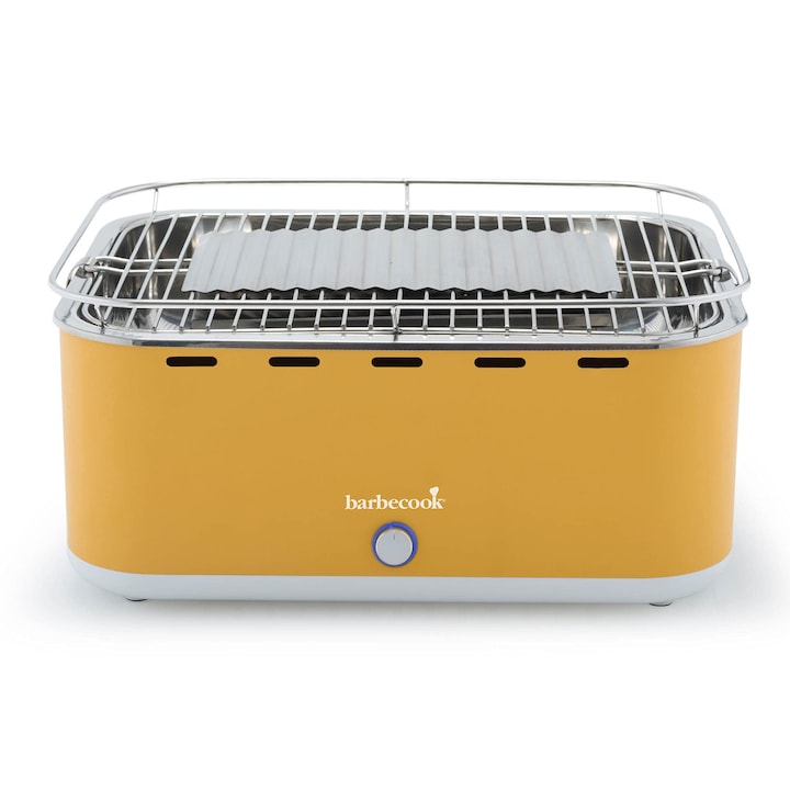 Füstmentes asztali faszenes grill Barbecook hordtáskával, erkélyre alkalmas kempinggrill beépített ventilátorral, mosogatógépben mosható, sárga