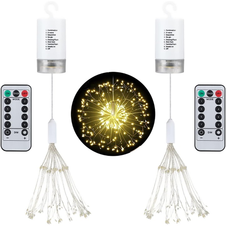 Set 2 x luminite de Craciun tip "artificii", cu agatatoare, 150 LED, pe baterii (neincluse), cu telecomanda, 8 moduri de iluminare, rezistente la apa, culoare alb-cald