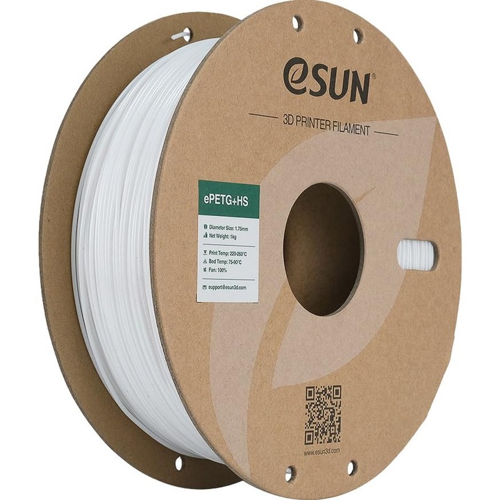 Филамент Esun Petg 1.75Mm, Филамент Petg+Hs за 3D принтер с висока скорост, Точност на размерите +/- 0.03Mm, 1Kg (2.2 Lbs) високоскоростна PETG макара за високоскоростни 3D принтери (Плътно бял, 1Kg)