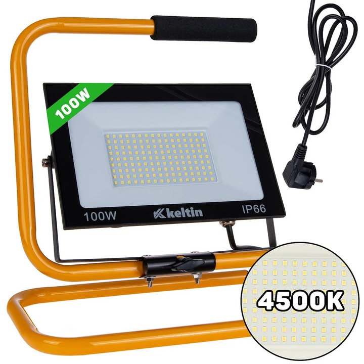 Reflector LED cu suport si cablu, 100 W, 4500 K, alb neutru, Keltin K02057