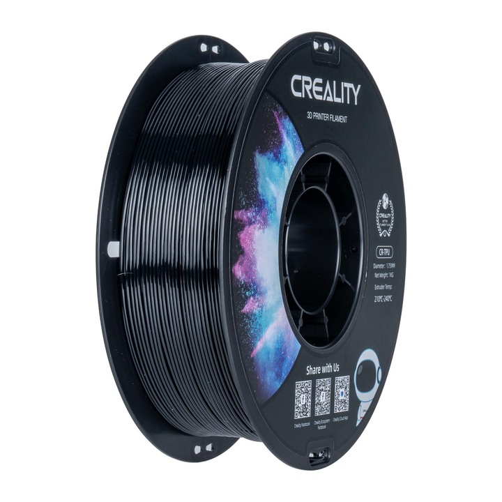 Filament Tpu Creality 1.75Mm, Filament 3D Nyomtatáshoz, Magas Rugalmasság, Puha Tapadású Anyag, Rugalmas, 1Kg Fekete