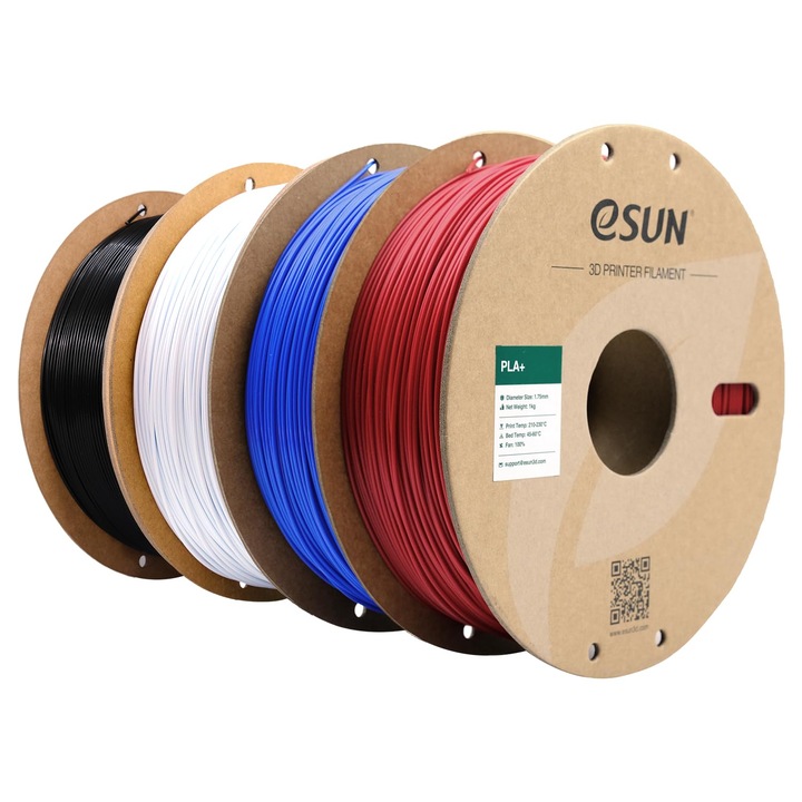 Филамент Esun Pla+ 1.75Mm, Филамент Pla Plus За 3D Принтер, Точност На Размерите +/- 0.03Mm, 1Kg На Ролка, 4 Ролки, Филамент За 3D Печат За 3D Принтери, Огнено Червено + Синьо + Студено Бяло + Черно