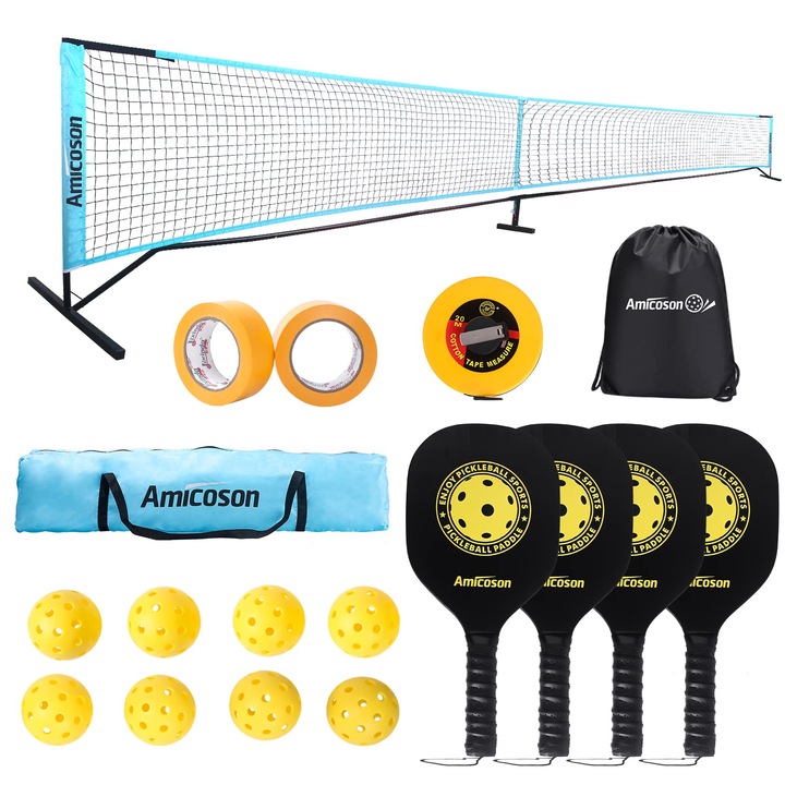 Racheta De Pickleball Cu Palete - Set De Rachete De Pickleball Amicoson Cu 4 Palete, Set De Rachete De Pickleball Pentru Interior Si Exterior Cu 4 Manere Ergonomice Din Lemn, 8 Mingi De Pickleball Si 1 Geanta De Transport