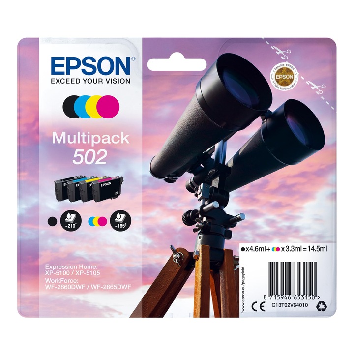Epson Eredeti 502 Többfunkciós Tintapatron Csomag Binokulárisokhoz, 4 Szabványos Szín, Xp-5100 Xp-5105 Xp-5150 Xp-5155 Wf-2860Dwf Wf-2865Dwf Wf-2880Dwf Wf-2885Dwf, Readyprint Flex Tintacsomagok