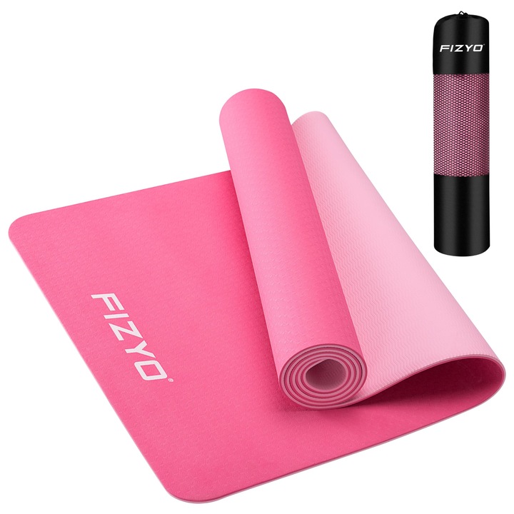 Fizyo csúszásmentes jógaszőnyeg hordtáskával, TPE edzőszőnyeg pilateshez, jógához, edzéshez, párnázott és csúszásmentes fitneszszőnyeg, szupervékony 0,6 cm, 183 x 61 cm, hordozószíj + táska mellékelve (rózsaszín)