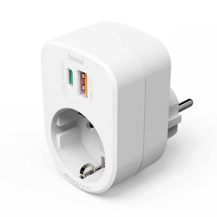 Prelungitor Hama cu 3 prize, 1 USB-C PD, 1 USB-A, 1 contact cu impamantare, 30W, alb
