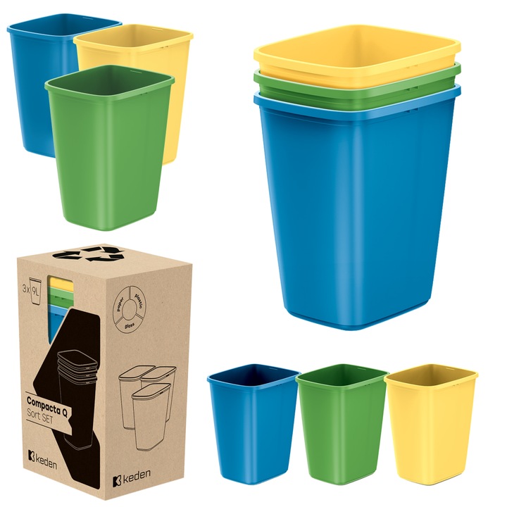 COMPACTA Q SORT szemeteskészlet, Prosperplast, 3x9 liter, modern design, funkcionalitás