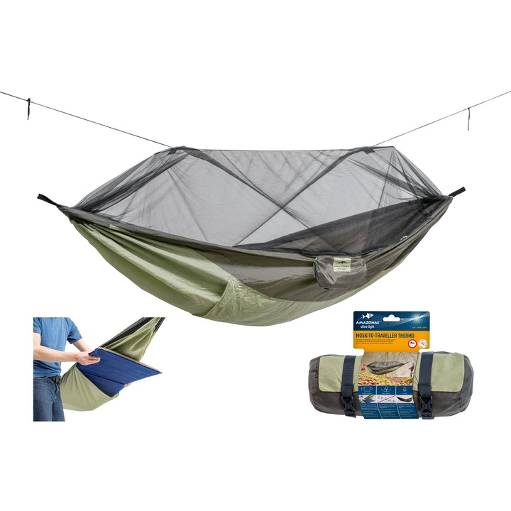 Amazonas - Ултралек хамак Moskito-Traveller Thermo, Ултралек хамак с мрежа против комари. Хамаците включват отделение за спален дюшек. Товароносимост до 200 кг; Размери 2,75 м х 1,40 м