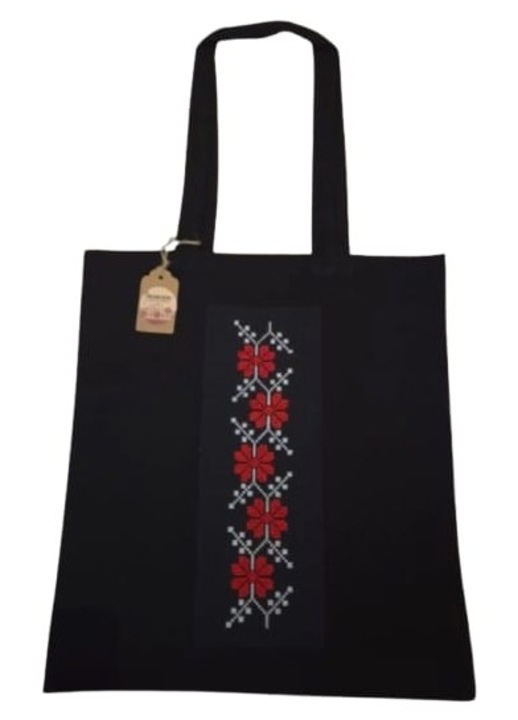 Sacosa din bumbac organic, brodata manual, 42x38 cm, design traditional, negru