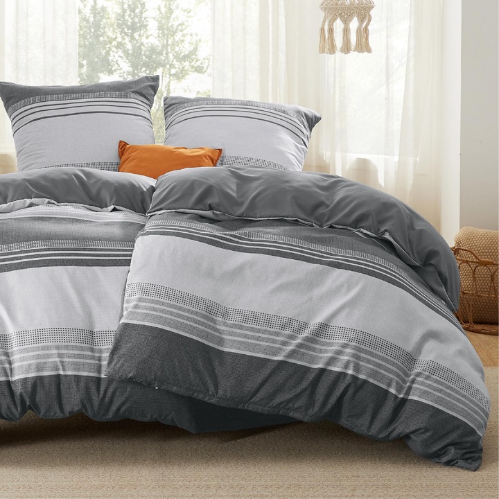 BEDSURE ágyneműhuzat garnitúra, 4 részes, 2 paplanhuzat 135 x 200 cm, 2 párnahuzat 80 x 80 cm, csíkos modell, szürke színű