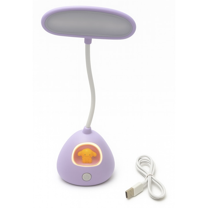 Veioza pentru copii cu lumina de veghe, reincarcabila USB, brat flexibil, 29 cm, Mov/Alb