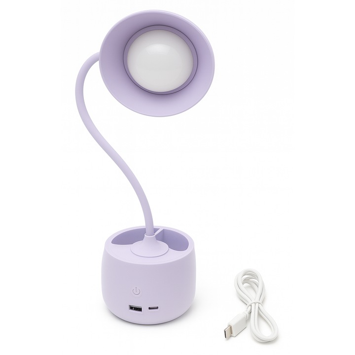 LED asztali lámpa tolltartóval, USB-ről tölthető, 3 fokozatú, hajlítható kar, 39 cm, Levendula