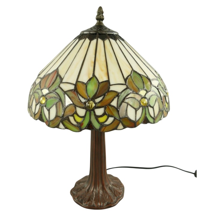 Lampa Tiffany vitralii florale, sticla colorata, stil clasic, H. 42 cm