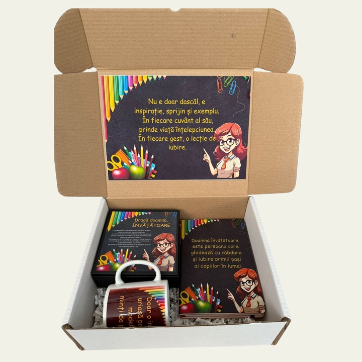 Set cadou Doamna învățătoare cu portofel roz, cană personalizată, agendă, felicitări, colorat