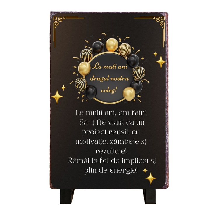 Placă ardezie personalizată "La mulți ani" pentru coleg, negru/auriu, 20x30cm
