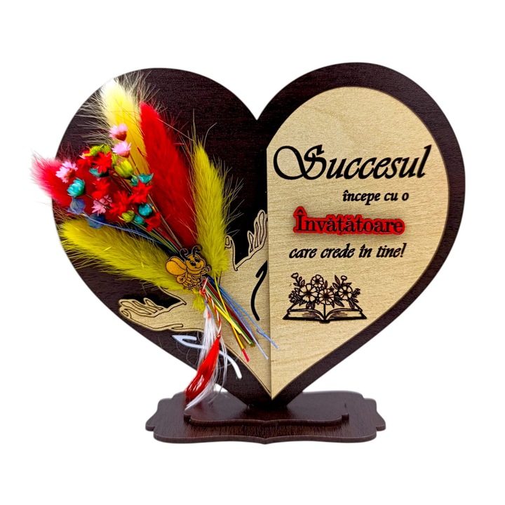 Cadou personalizat pentru Invatatoare "Succesul incepe cu..." - inima cu paie si mesaj personalizat – 15 cm, wenge