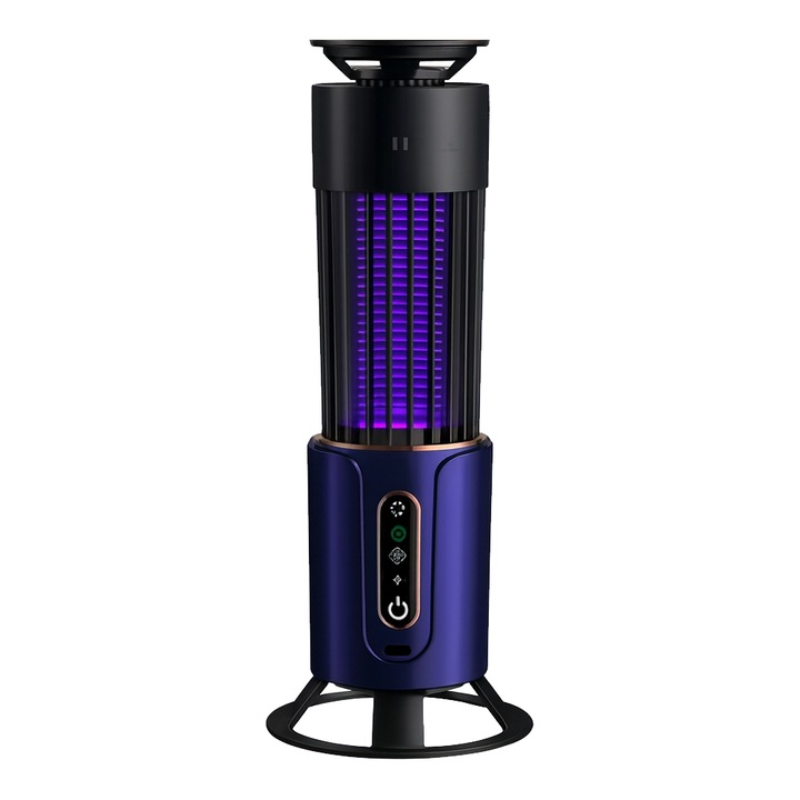 Лампа против насекоми, комари и мухи NEXTLY, 2 в 1, UV, акумулаторна, с функция нощна лампа, таймер 2/4/6 часа, стойка за маса, стена и кука за закачане, 5W, 11x28 см, зареждане тип C, син/черен