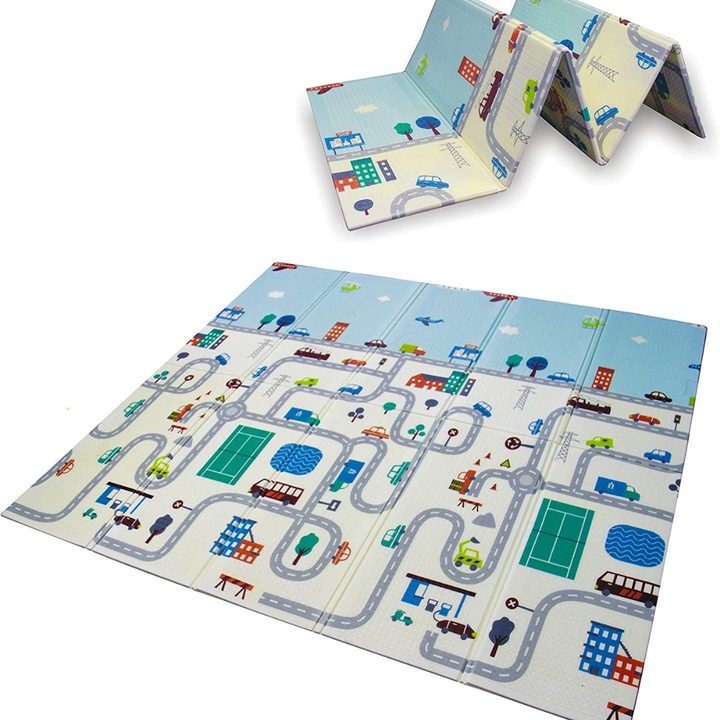 Covoras de joaca pliabil pentru bebelusi Macvi®, 200x150 cm, cu doua fete traseu cu sosele si tematica padure, material sigur si moale