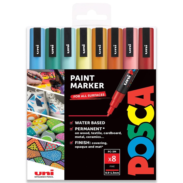 Комплект маркери Posca PC-3M, 8 бр., 0,9-1,3 мм, многоцветни