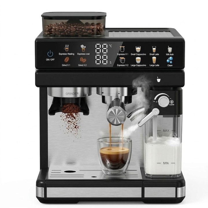 Espressor automat Cu rasnita Starlux® SL-29025, Ecran Tactil, 12 functii, 2.6L, 500ml lapte, 20 bar, 1350W, Afisarea temperaturii si a timpului, 20 de macinare a vitezelor, Curatare automata, Negru