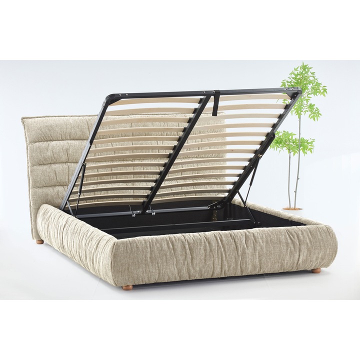 Pat Prestige 180X200 cm Lada Depozitare Somiera Rabatabila Tapitat Stofa Bej ML2514