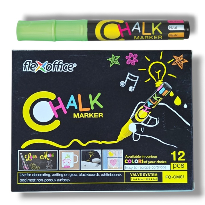 Комплект 12 x Зелен маркер за дъска с течна креда, FlexOffice, FO-CM01