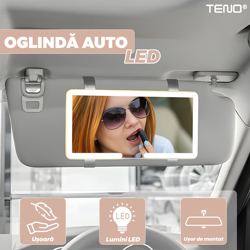 Oglinda Auto Cosmetica Teno®, pentru machiaj, iluminare LED, compacta, usoara, usor de montat, pentru parasolarul interior, buton Touch-Screen, alb