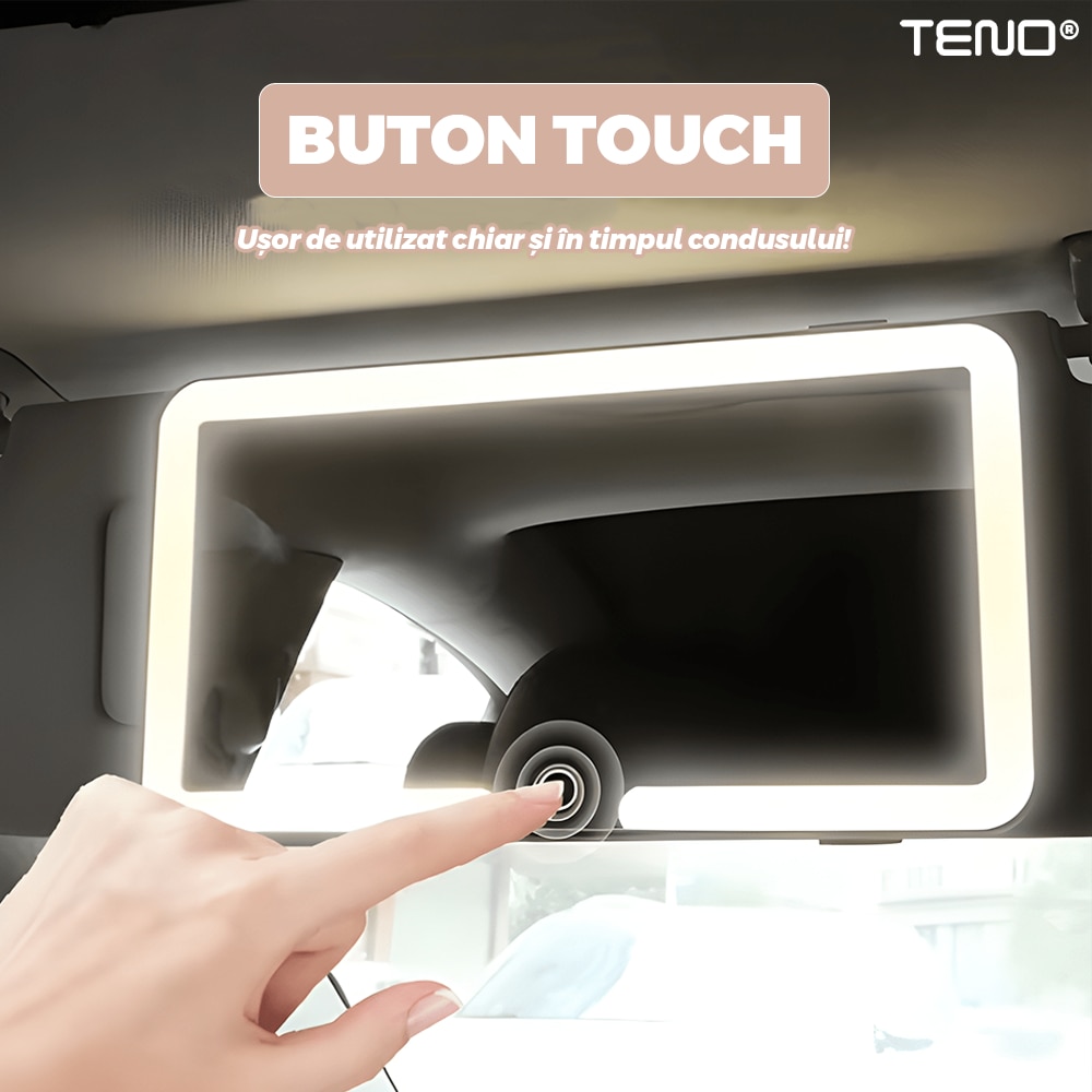 Oglinda Auto Cosmetica Teno®, pentru machiaj, iluminare LED, compacta, usoara, usor de montat, pentru parasolarul interior, buton Touch-Screen, alb