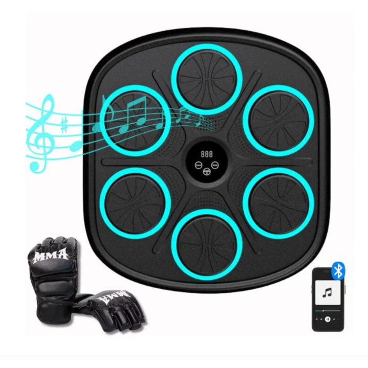 Tinta Lovituri Box, Difuzor Incorporat, Conexiune Bluetooth, Display pentru Monitorizarea Loviturilor, Iluminare LED a Zonei de Lovire, Montabil pe perete, Manusi Incluse, Pentru Copii si Adulti