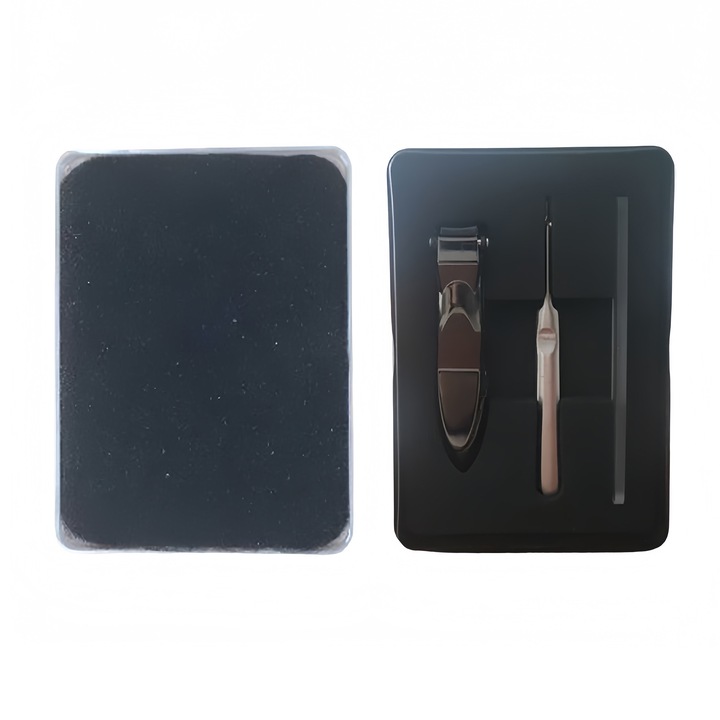 Set unghiera, furculita pentru cuticule si pila de unghii, pentru unghiile de la maini si picioare, taiere de precizie, Negru lucios