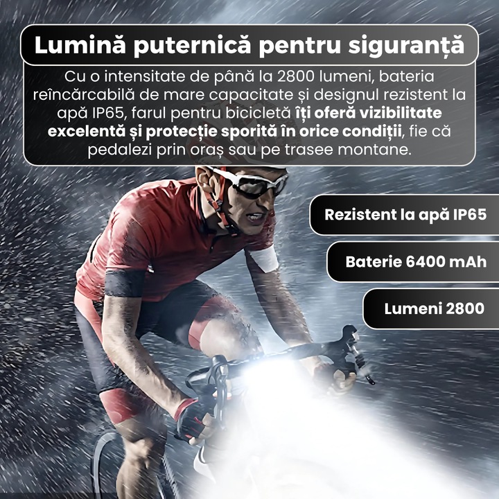 Far bicicleta profesional, BMSIFY®, 2800 lumeni si baterie reincarcabila 6400 mAh, incarcare rapida USB-C,5 moduri de iluminare, tehnologie anti-orbire, rezistent la apa IPX5, afisaj nivel baterie, design usor si compact, negru