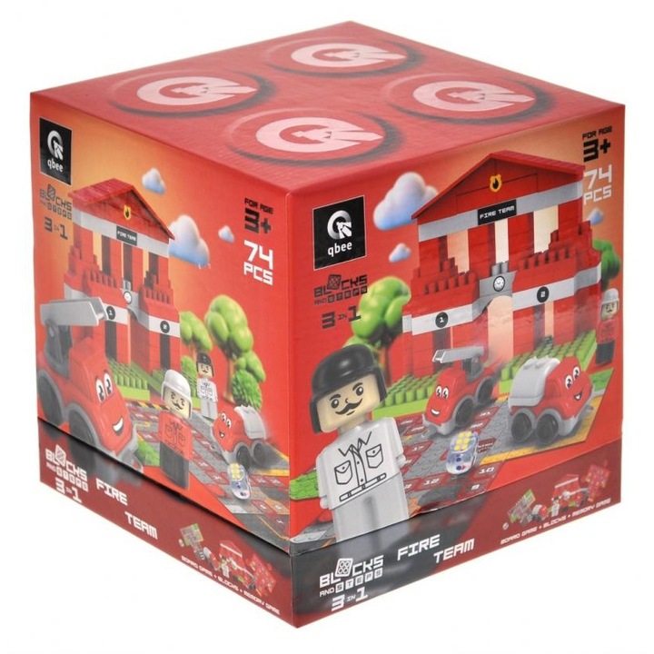 Set de constructie Block&Steps, Straz Pozarna, 74 elemente, joc de masa si joc memory 3 in 1, pentru copii de la 3 ani
