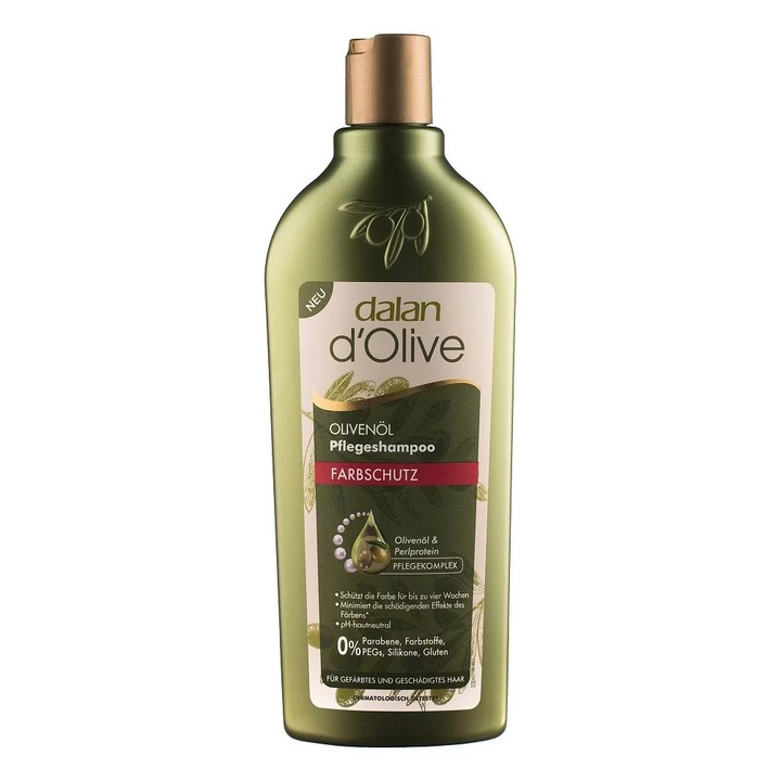 Sampon, dalan d'olive, 400 ml, pentru par vopsit, hidratant, hranitor, intaritor, fara coloranti, fara silicon, fara gluten, Capacitate: 400 ml, Contine ulei de masline, proteine din grau, Hidratare, Prospetime