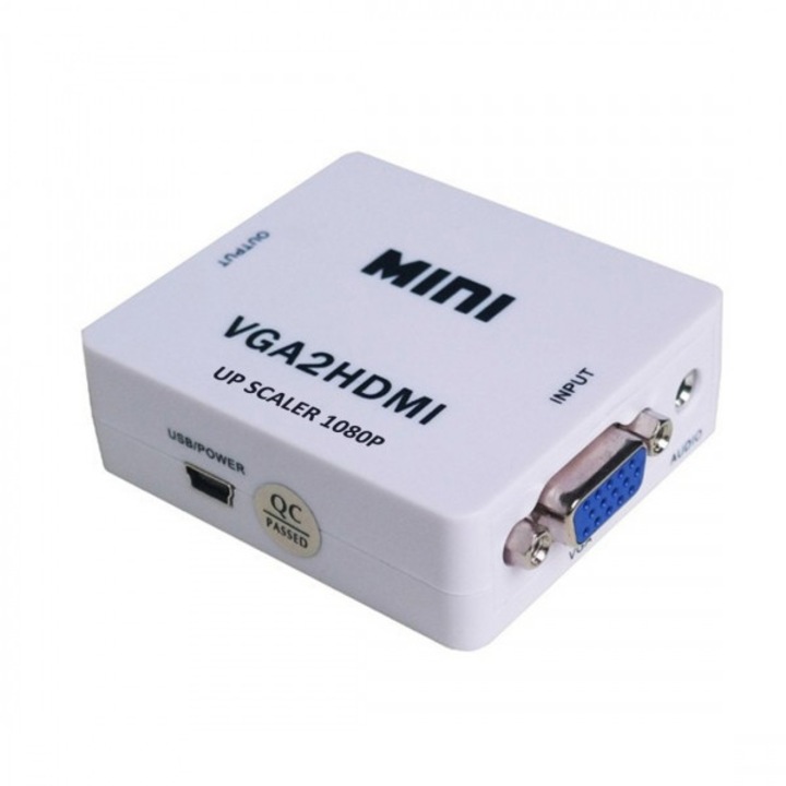 Adaptor convertor VGA la HDMI Full HD 1080p VGA2HDMI video si audio stereo, alb