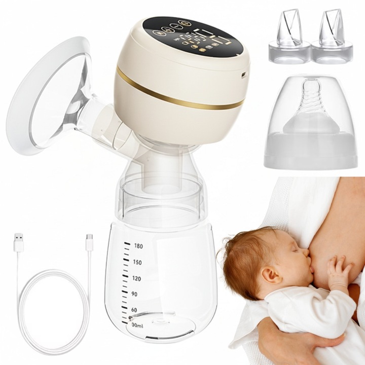Pompa de San Electrica Aurov®, 3 Moduri, 9 Trepte de Intensitate, 180ml, Functie Masaj si Stimulare Lactatie, Baterie 1200 mAh, Ecran LED, Accesorii si Tetina Anticolici, Fara BPA, Incarcare rapida USB-C, Bej
