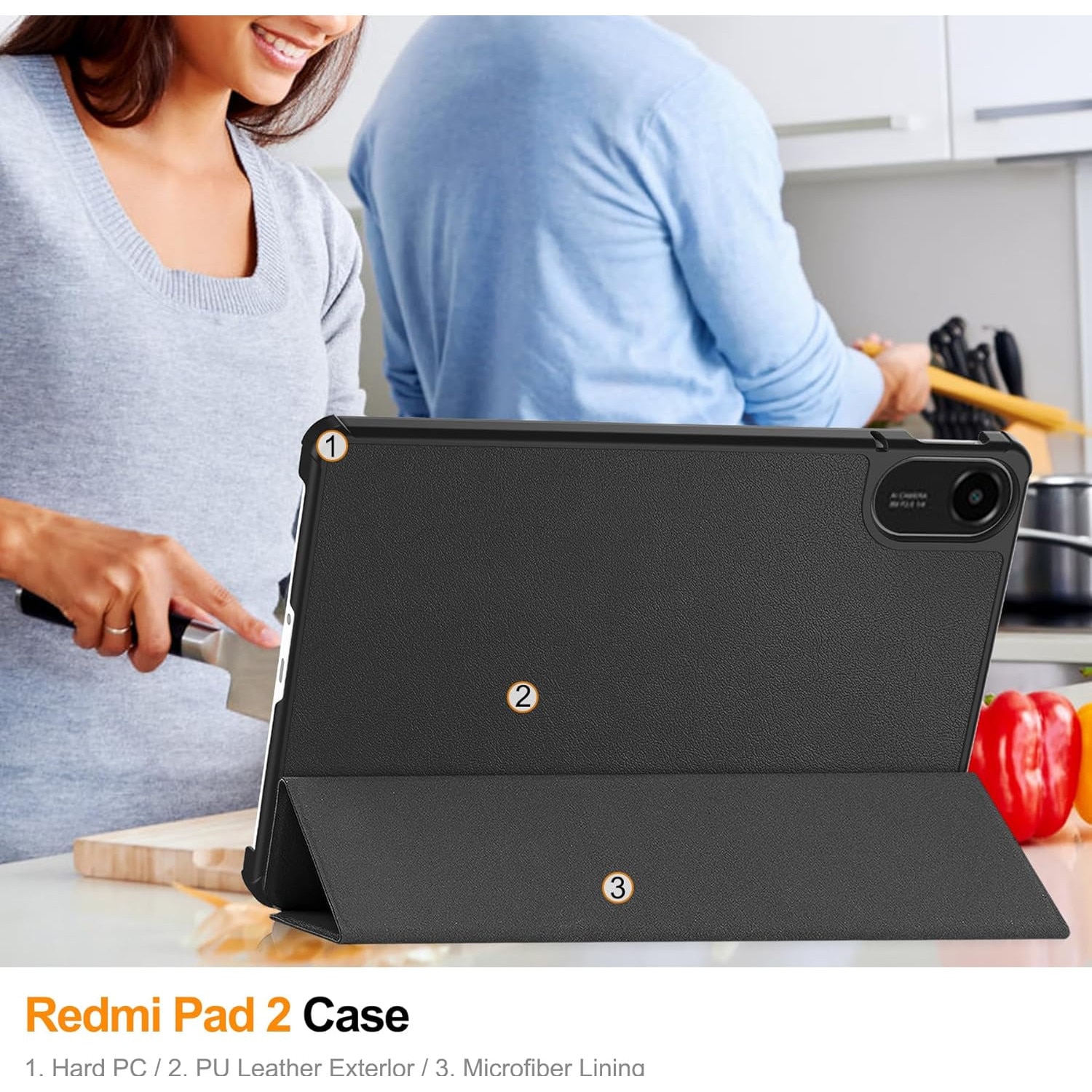 Husa Sigloo Slim pentru tabletă Xiaomi Redmi Pad 2, Tri-Fold Magnetic, Piele Ecologică, Negru, 11 inch