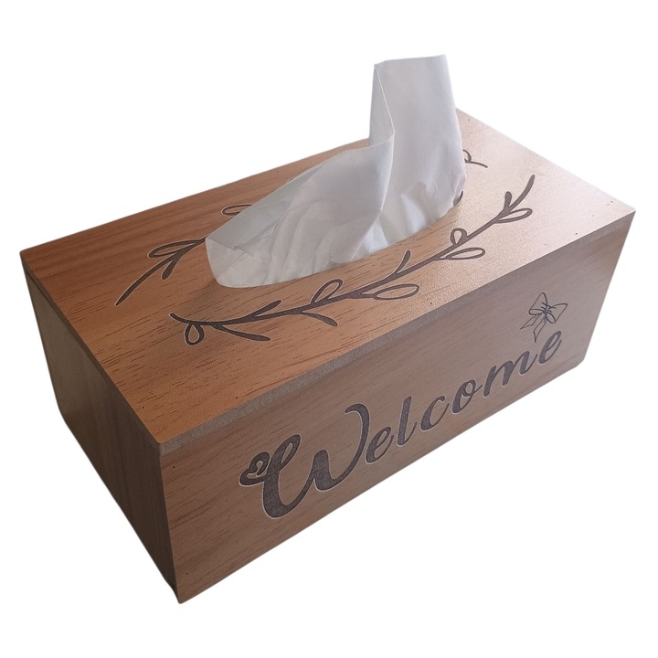 Cutie elegantă pentru servetele, gravată WELCOME și ramuri, lemn natural, vintage, 23x11x9cm