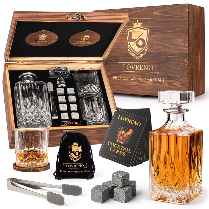 Set cadou whisky LOVRENO – carafa 700 ml, 2 pahare 310 ml, 8 pietre racire, cleste, suporturi, etui, cutie lemn, carduri cocktail