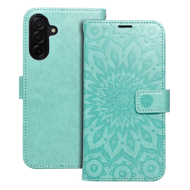 Samsung Galaxy A17 4G / A17 5G kompatibilis telefontok, könyvtok, mágneszáras, bankkártyatartós, mandala mintás, zöld, Forcell Mezzo