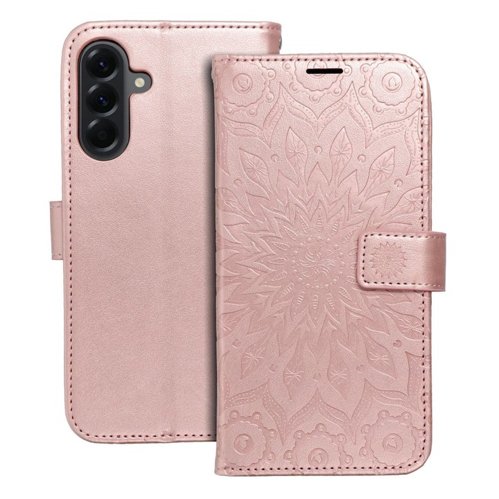 Samsung Galaxy A17 4G / A17 5G kompatibilis telefontok, könyvtok, mágneszáras, bankkártyatartós, mandala mintás, rose gold, Forcell Mezzo