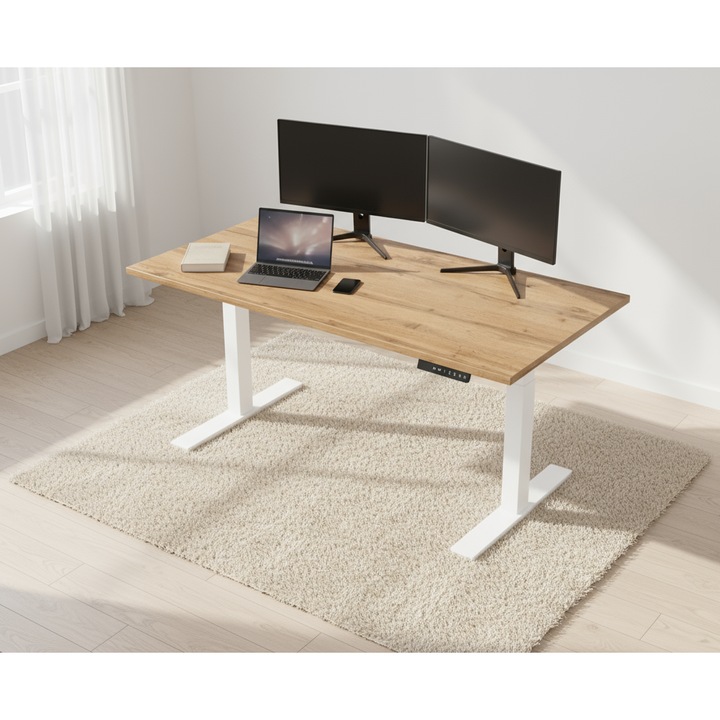 Birou reglabil electric, 160x60 cm, capacitate incarcare 125 kg, stejar Wotan-alb