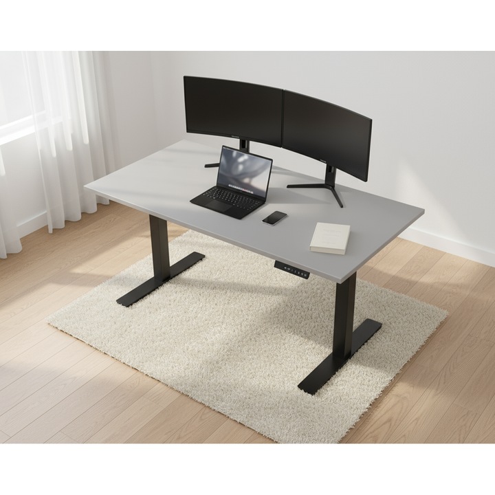 Birou reglabil electric Movelance, 160x60cm, capacitate 125kg, gri/negru