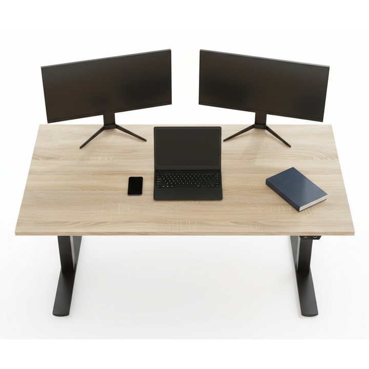 Birou reglabil electric 140x60cm– mega calitate, Capacitate de incarcare de 70 kg Stejar sonoma / negru