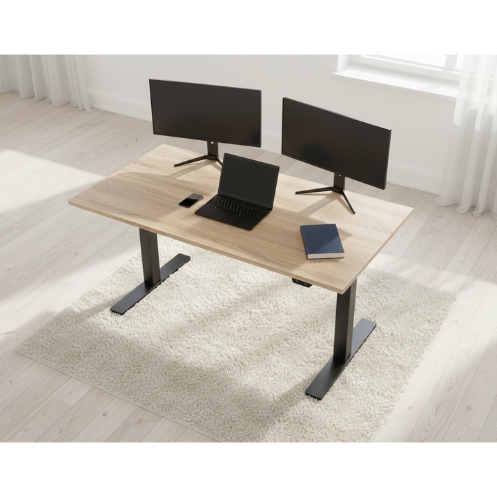 Birou reglabil electric Movelance, Capacitate 70 kg, Stejar sonoma/negru, 120x60cm
