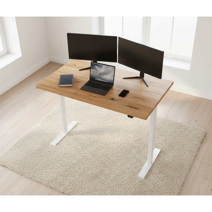 Birou reglabil electric Movelance, stejar masiv alb, 140x60cm, capacitate 70kg