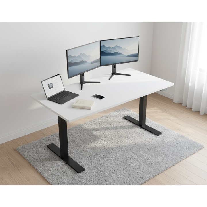 Birou reglabil electric 140x60cm– mega calitate, Capacitate de incarcare de 70 kg Alb / negru