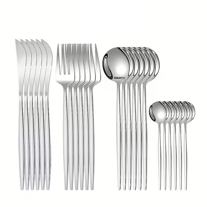 Set Tacamuri GREATON 24 Piese, Otel Inoxidabil, Argintiu, Design Portughez, Finisaj Lucios